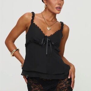 Princess Polly Black Satin-Style Ruffle Cami with Lace